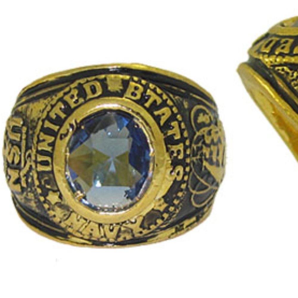 US Navy Ring blue sapphire crystal 18kt Yellow gold NEW